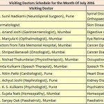 Schedule for viiting doctors in July 2016